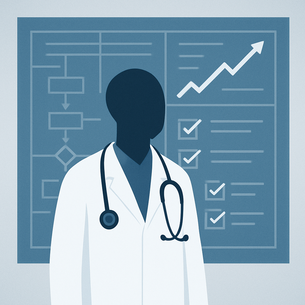 Profesional sanitario frente a un marco estructurado con gráficas y checklist, simbolizando el marco de referencia en la gestión de riesgos para la seguridad del paciente