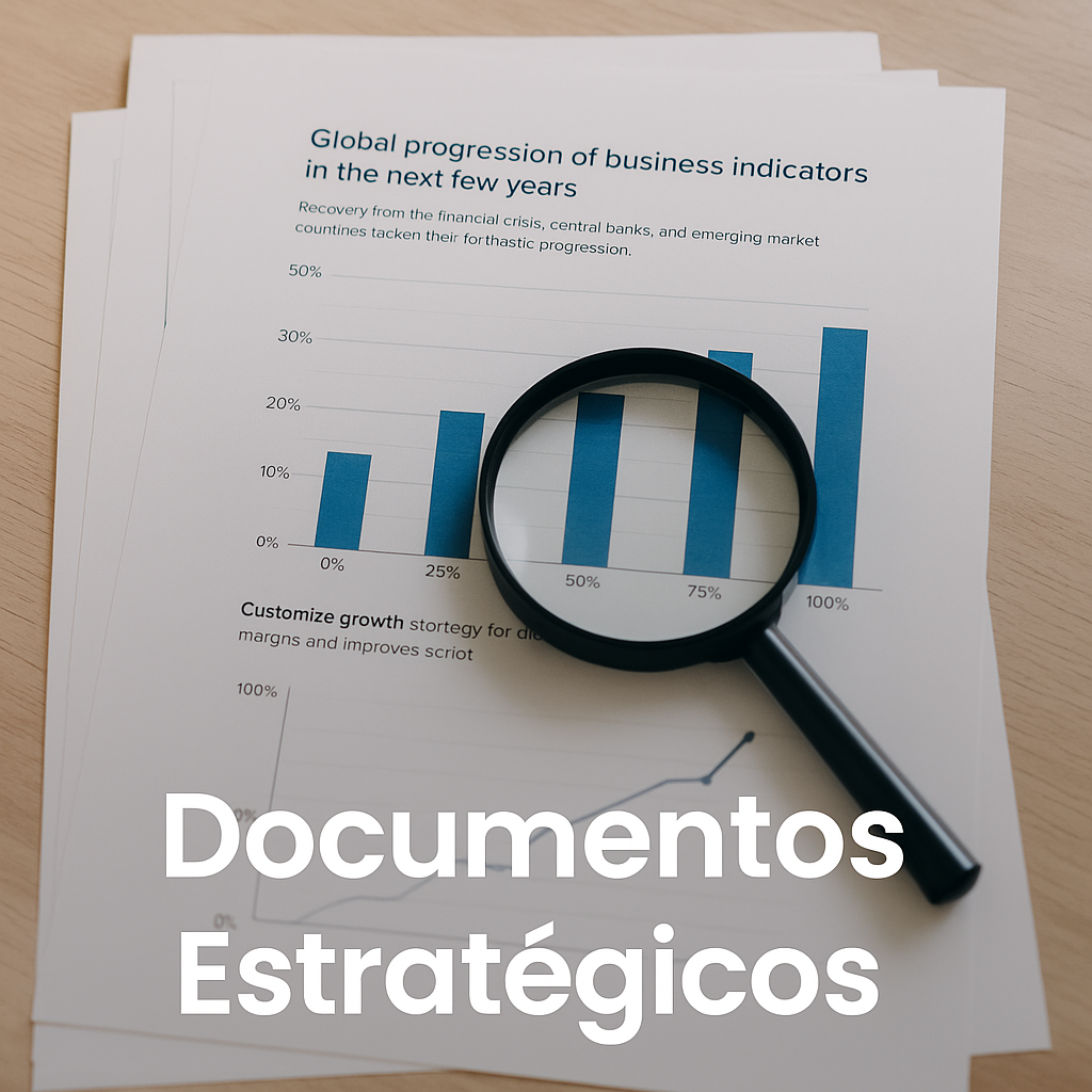 Documentos estratégicos con gráficos y lupa sobre informes, representando análisis y planificación en la gestión sanitaria