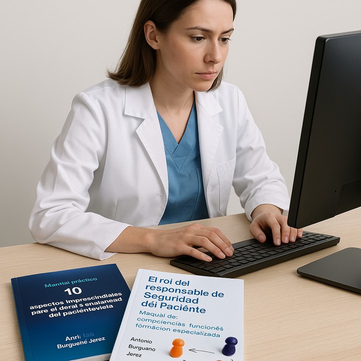 Profesional sanitaria trabajando en el ordenador con los manuales del Responsable de Seguridad del Paciente sobre la mesa.