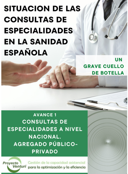 Portada del informe sobre la situación de las consultas de especialidades en la sanidad española, destacando el grave cuello de botella asistencial.