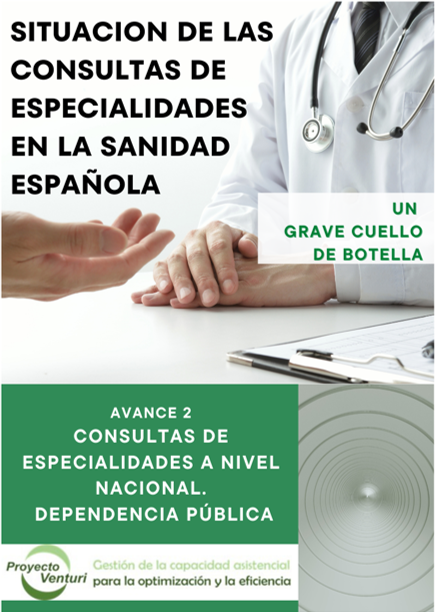 Portada del informe sobre consultas especialidades públicas 2010 2020 en España. Proyecto Venturi.