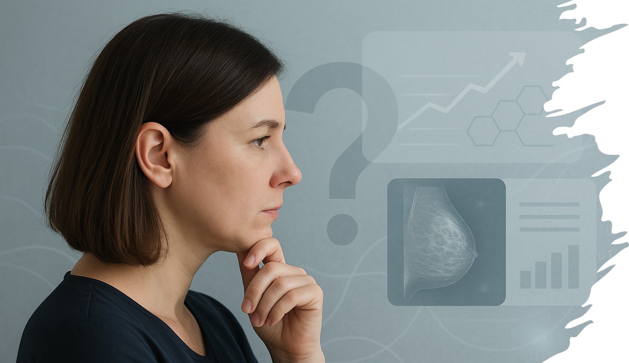 Profesional sanitaria observa una mamografía y gráficos de datos en pantalla, simbolizando la reflexión sobre la mejora del cribado del cáncer de mama.