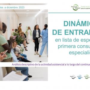 Portada del informe sobre entradas en lista de espera de primera consulta de especialidades. Proyecto Venturi. Datos nacionales a diciembre de 2023.