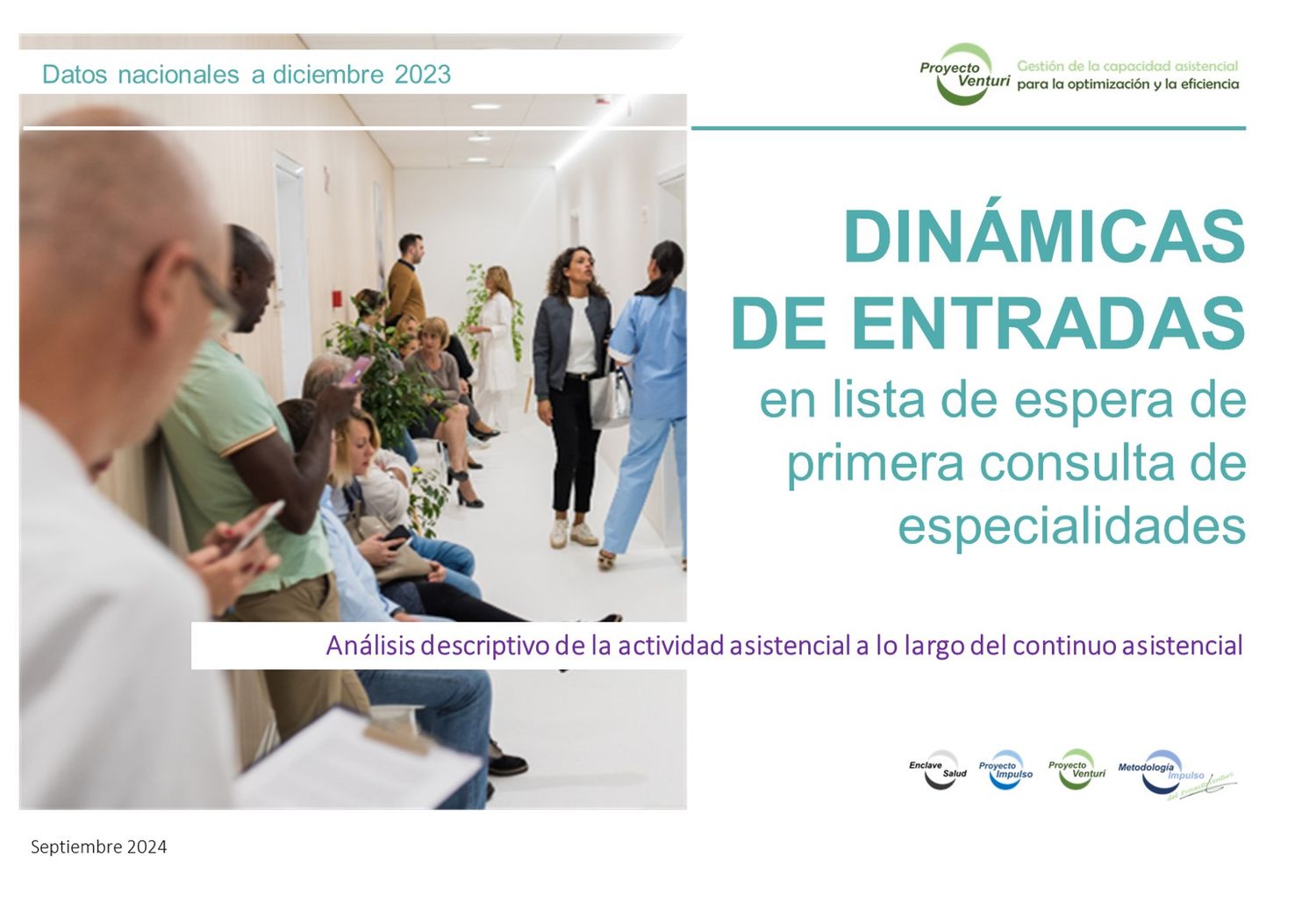 Portada del informe sobre entradas en lista de espera de primera consulta de especialidades. Proyecto Venturi. Datos nacionales a diciembre de 2023.