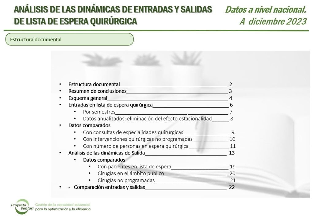 Índice del informe sobre dinámica de lista de espera quirúrgica: entradas, salidas y comparativas.