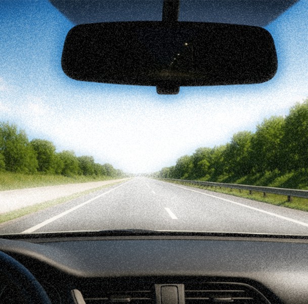 Vista desde el interior de un coche en carretera: el parabrisas muestra un camino despejado y luminoso, mientras el retrovisor refleja una carretera oscura de noche. Metáfora de la diferencia entre mirar hacia adelante con prevención o solo al pasado.