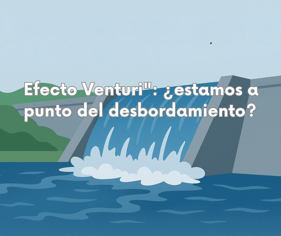 Desbordamiento de una presa hidráulica como metáfora del Efecto Venturi en sanidad: presión creciente y riesgo de colapso asistencial.