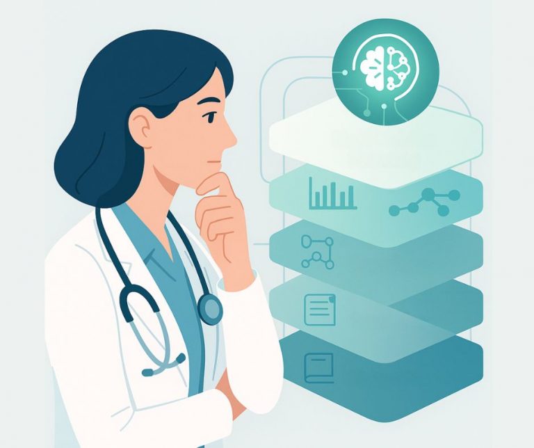 Ilustración médica que representa la evolución desde manuales y guías clínicas hasta la inteligencia artificial y el machine learning en el apoyo a decisiones clínicas