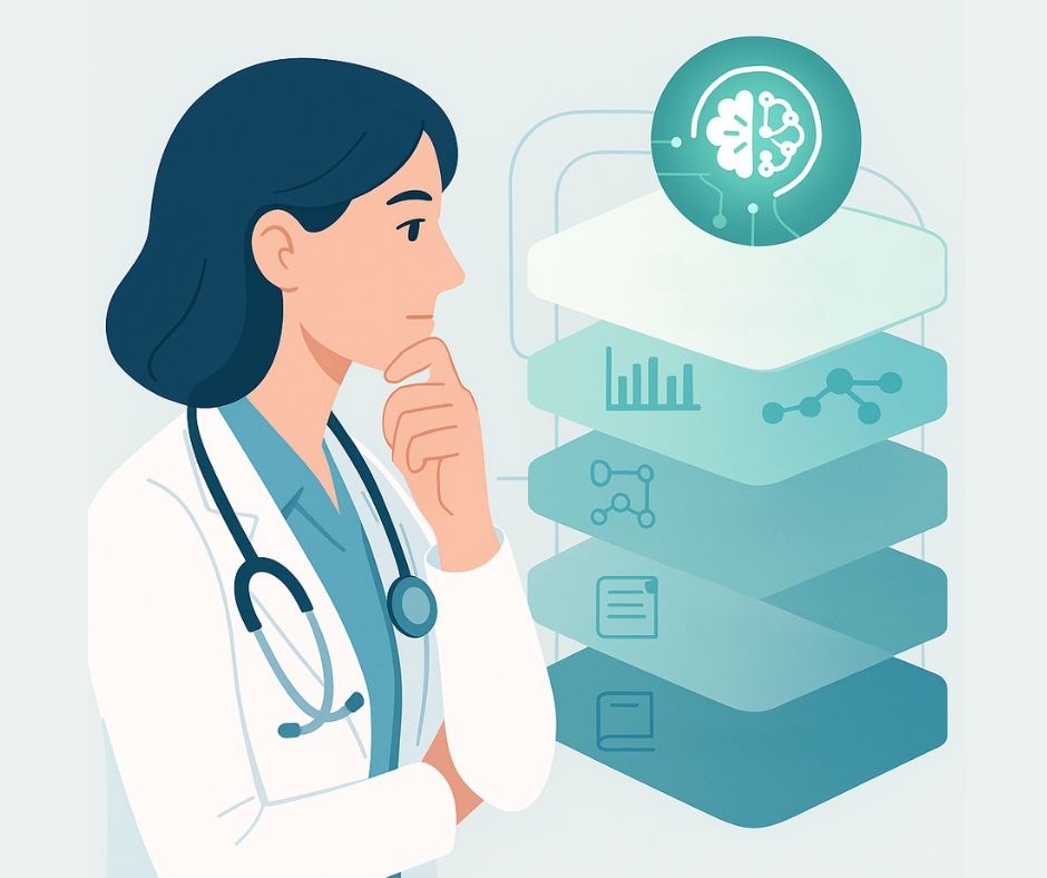 Ilustración médica que representa la evolución desde manuales y guías clínicas hasta la inteligencia artificial y el machine learning en el apoyo a decisiones clínicas