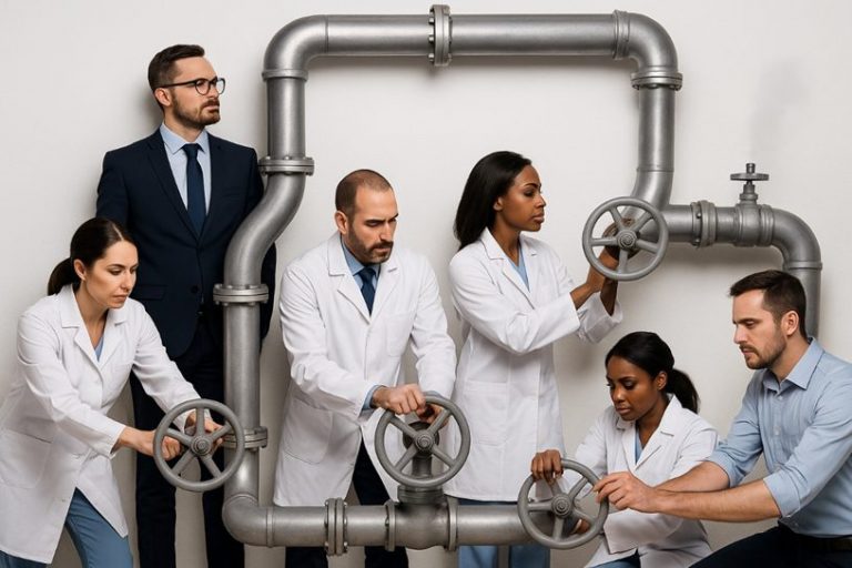 Profesionales sanitarios ajustando válvulas en un sistema de tuberías, como metáfora de la gestión de la presión asistencial en el sistema sanitario.