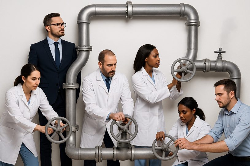 Profesionales sanitarios ajustando válvulas en un sistema de tuberías, como metáfora de la gestión de la presión asistencial en el sistema sanitario.