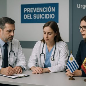 Profesionales sanitarios de España y Uruguay analizan un caso en una unidad de urgencias dentro de un programa de prevención del suicidio.