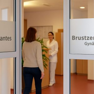 Entrada a un Brustzentrum en Alemania con personal sanitario atendiendo a pacientes — atención cáncer de mama Alemania, unidad certificada DKG/OnkoZert.