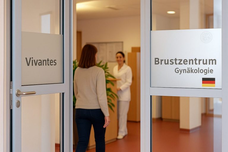 Entrada a un Brustzentrum en Alemania con personal sanitario atendiendo a pacientes — atención cáncer de mama Alemania, unidad certificada DKG/OnkoZert.