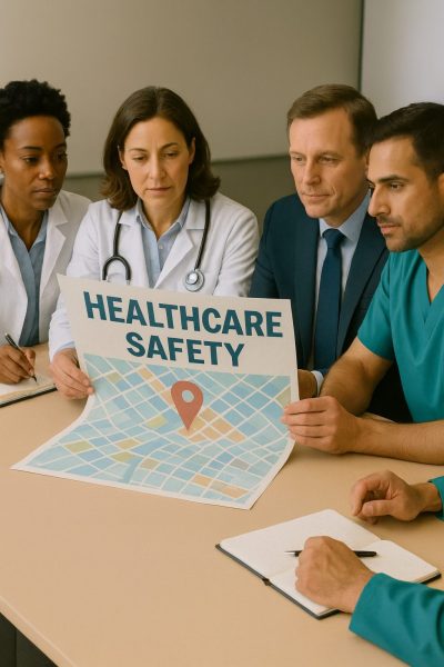 Healthcare team reviewing a patient safety roadmap displayed as a city-style map with a location pin.